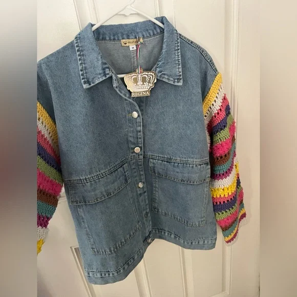 NWT Regina Denim Jacket with Crochet Sleeves